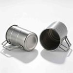 Barrel Shaped Camping Mug Shown Flat - Detail of Triple Ribbed Barrel Design and Reinforced Fixed Handle