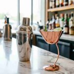 Professional Cocktail Service with Curved Stem Stainless Steel Martini Glass at High-End Bar