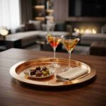 Hammered Round Stainless Steel Serving Tray Used for Serving Cocktails and Appetizers in Luxury Bar