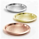Hammered Round Serving Tray in Mirror Polish, Rose Gold Plated and Gold Plated Finishes - Stainless Steel Serving Tray Color Options