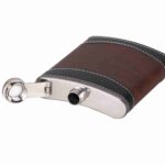 Leather Wrapped Hip Flask Shown Flat - Detail of Leather Wrap, Contrast Stitching and Stainless Steel Body