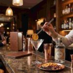 Bartender Using Precision Cocktail Garnish Tweezer for Delicate Herb and Flower Placement in Luxury BarHTML