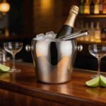 Round Beverage Ice Bucket Used for Chilling Wine and Champagne on Luxury Restaurant Table