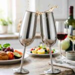Professional Sparkling Wine Service with Shatterproof Stainless Steel Champagne Flute at High-End Event