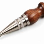 Walnut Steel Wine Stopper Shown Flat - Detail of Walnut Hourglass Handle and Stainless Steel Base