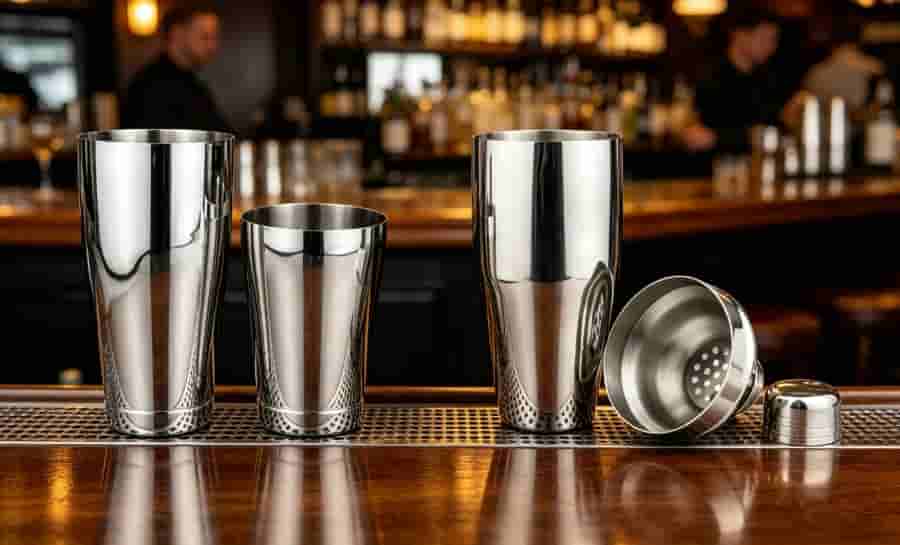 boston shaker vs cobbler shaker side by side detail comparison stainless steel bar tools