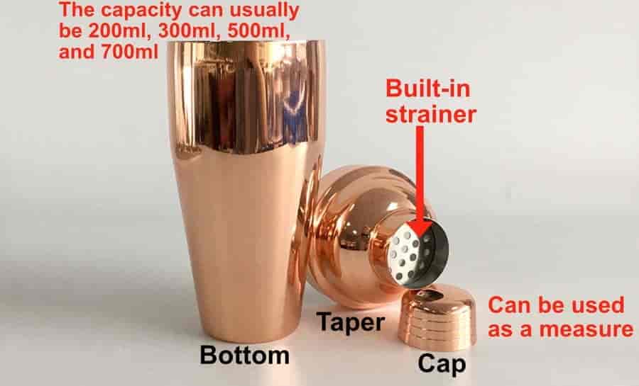 cobbler cocktail shaker parts diagram base lid strainer cap labeled