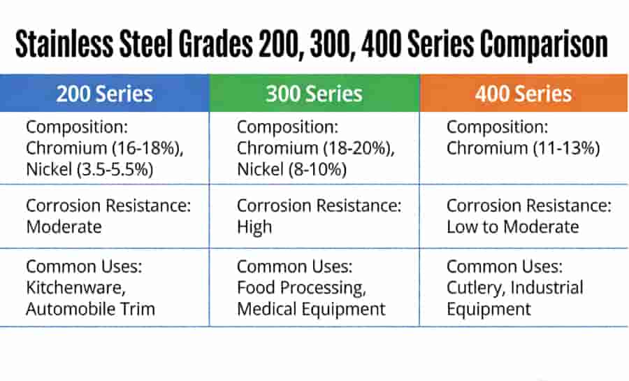 stainless steel grades 200 300 400 series comparison chart
