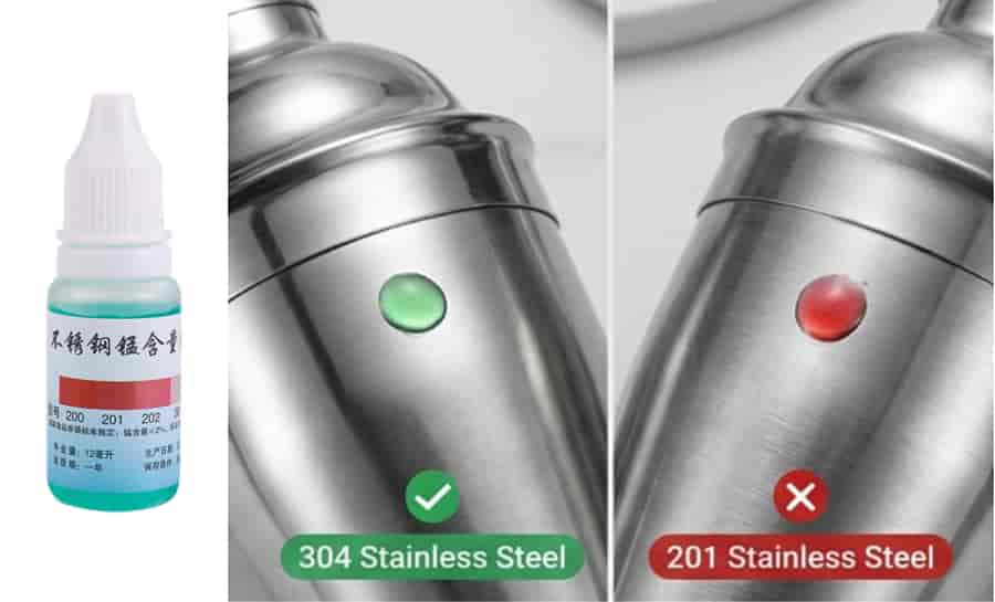chemical reagent test showing green for 304 stainless steel and red for 201 stainless steel