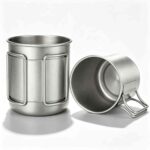Folding Handle Camping Cup Shown Flat - Detail of Folded Handles and Brushed Stainless Steel Body