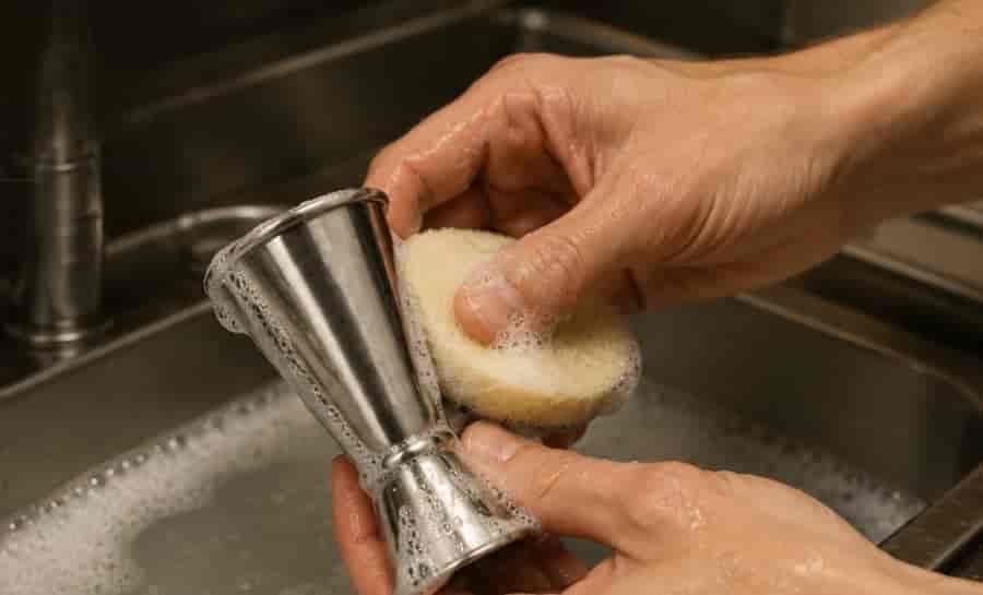 cleaning stainless steel cocktail jigger bar service rinse sanitize maintenance