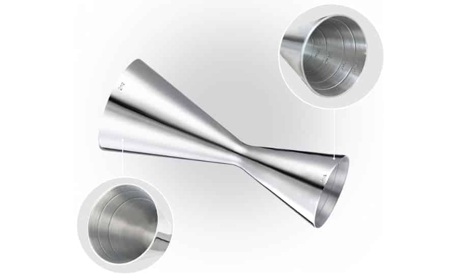 cocktail jigger parts diagram double jigger labeled large cup small cup rim internal markings