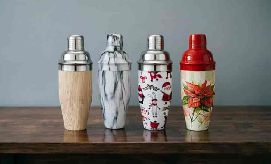 Barware Surface Finishes: A Complete Guide to Stainless Steel Coating & Finishing Options 6 barware transfer printing wood grain marble pattern brand graphics stainless steel cocktail shaker ice bucket tumbler