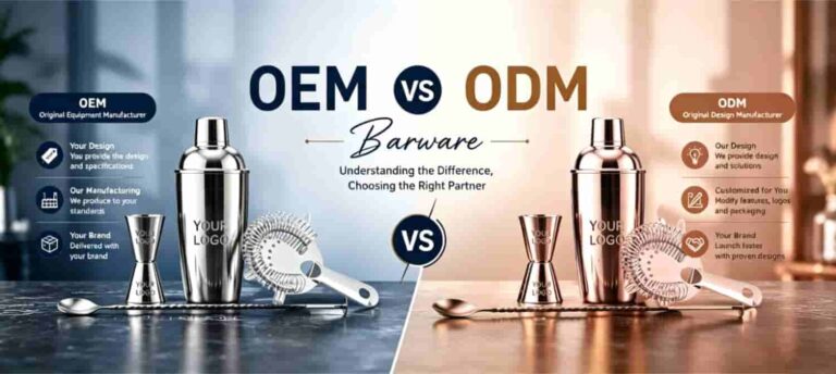 OEM vs ODM barware manufacturing custom cocktail shakers jiggers stainless steel wholesale
