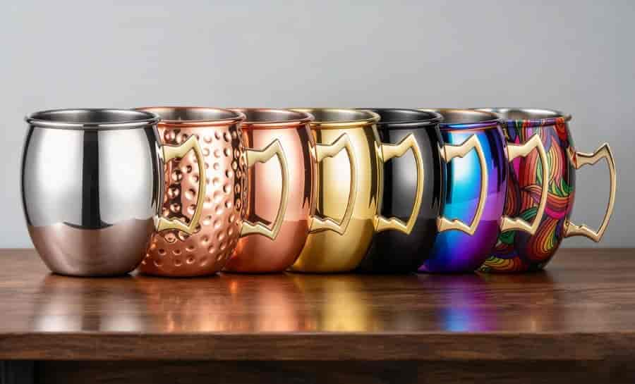 Stainless steel Moscow Mule mugs with a copper-color finish next to a mug in a different color